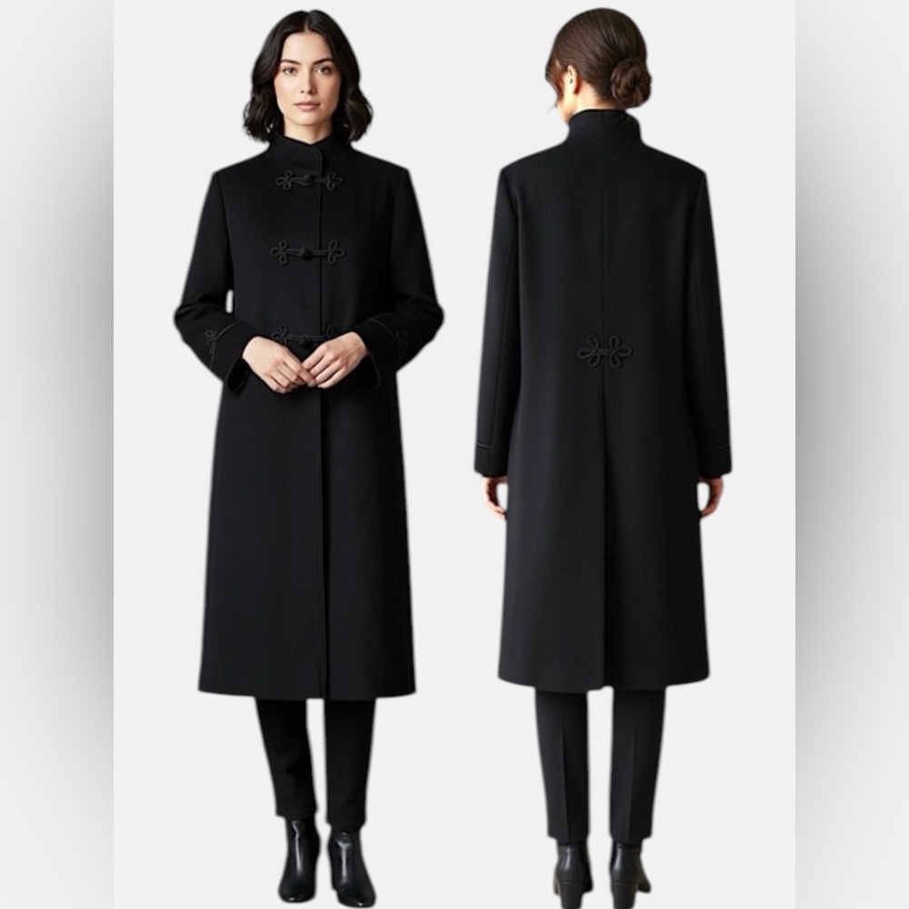 Vintage Mandarin Collar Wool Coat With Braided Frog Closures In Black